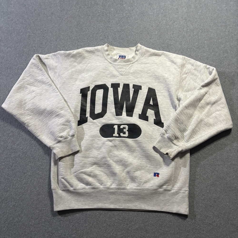 Vtg 90s Russell Athletic Pro Cotton NCAA Iowa 13 Sweatshirt Mens Medium USA Gray
